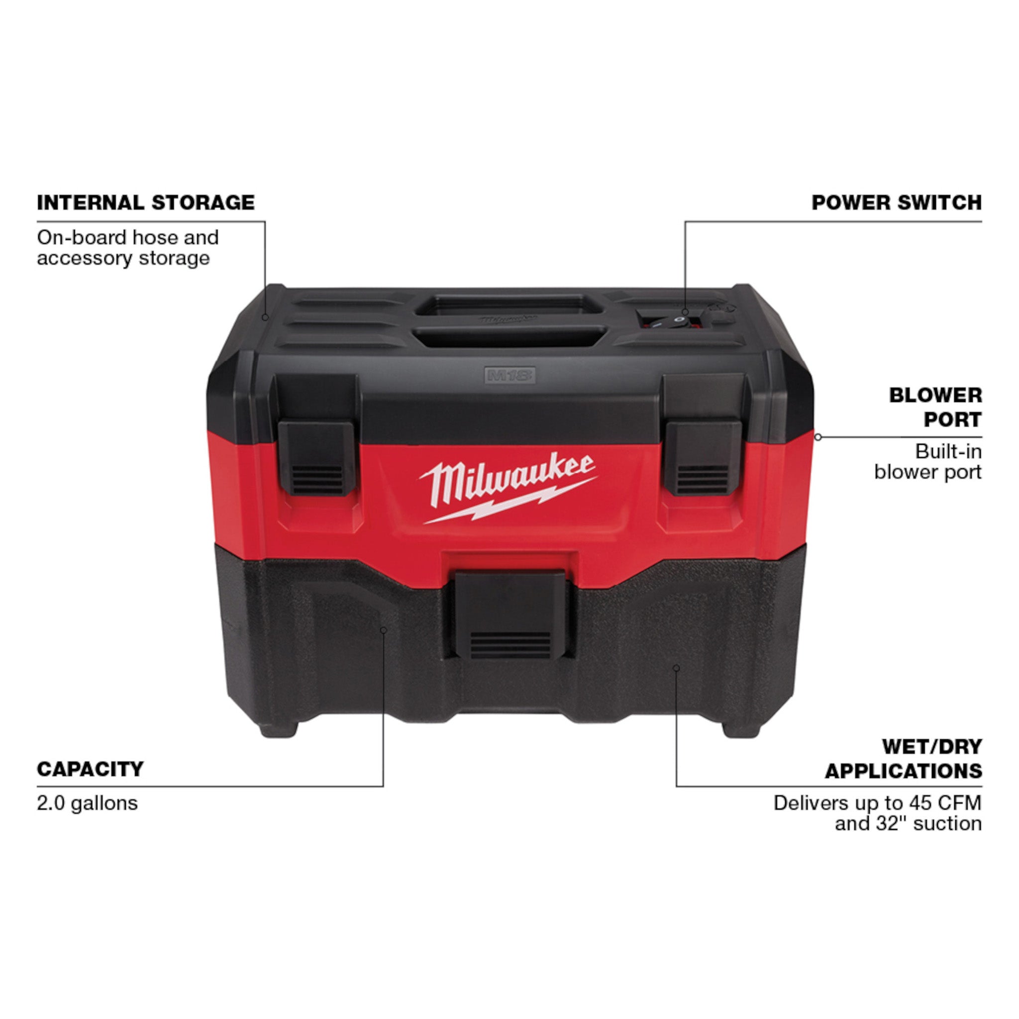 Milwaukee 0880-20 – Aspirateur eau et poussière sans fil au lithium-ion M18 18 V de 7,5 litres (outil seulement)