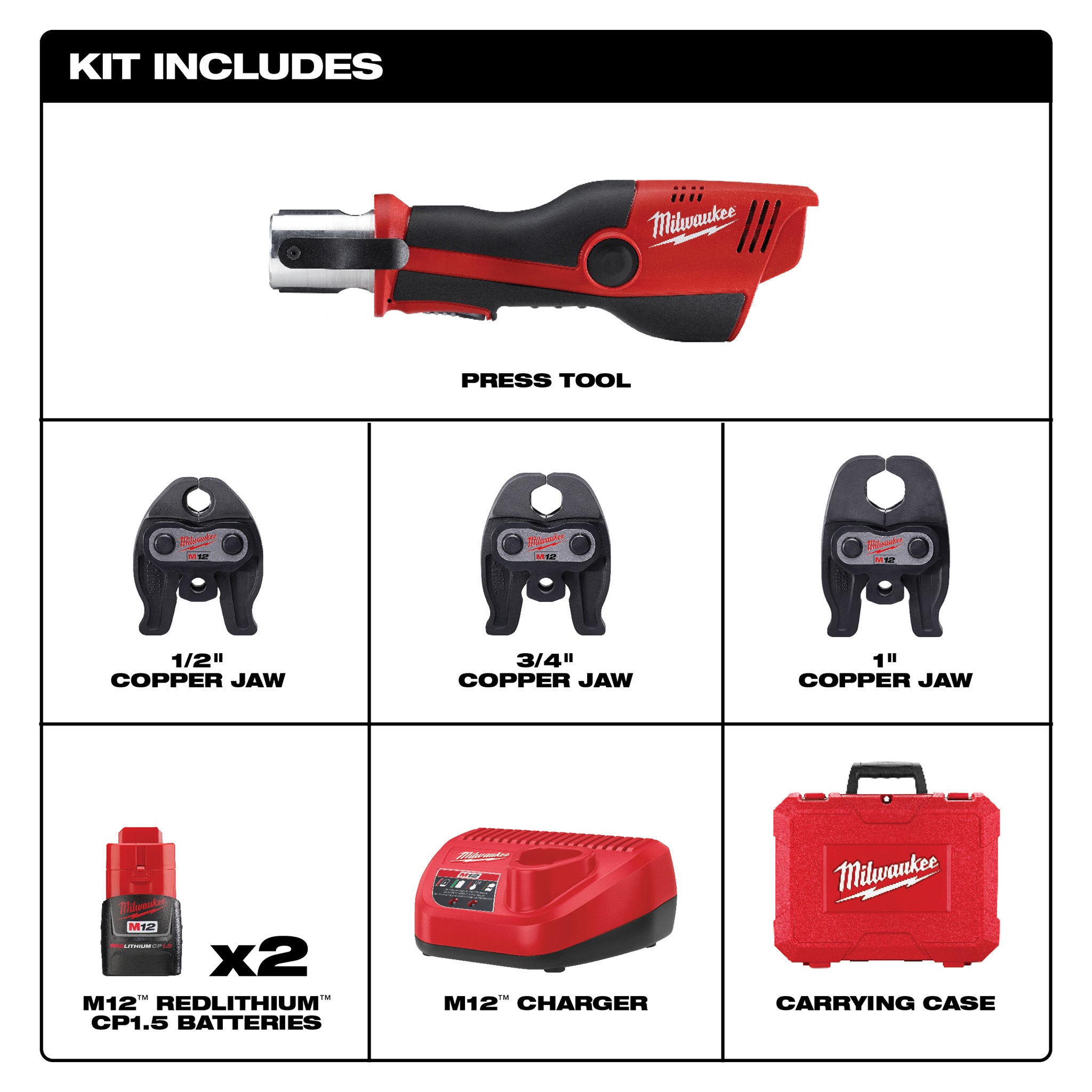 Milwaukee 2473-22 - M12 Kit d'outil de presse sans fil Force Logic 12 V Li-Ion avec 3 mâchoires, 2 batteries de 1,5 Ah et coffret rigide