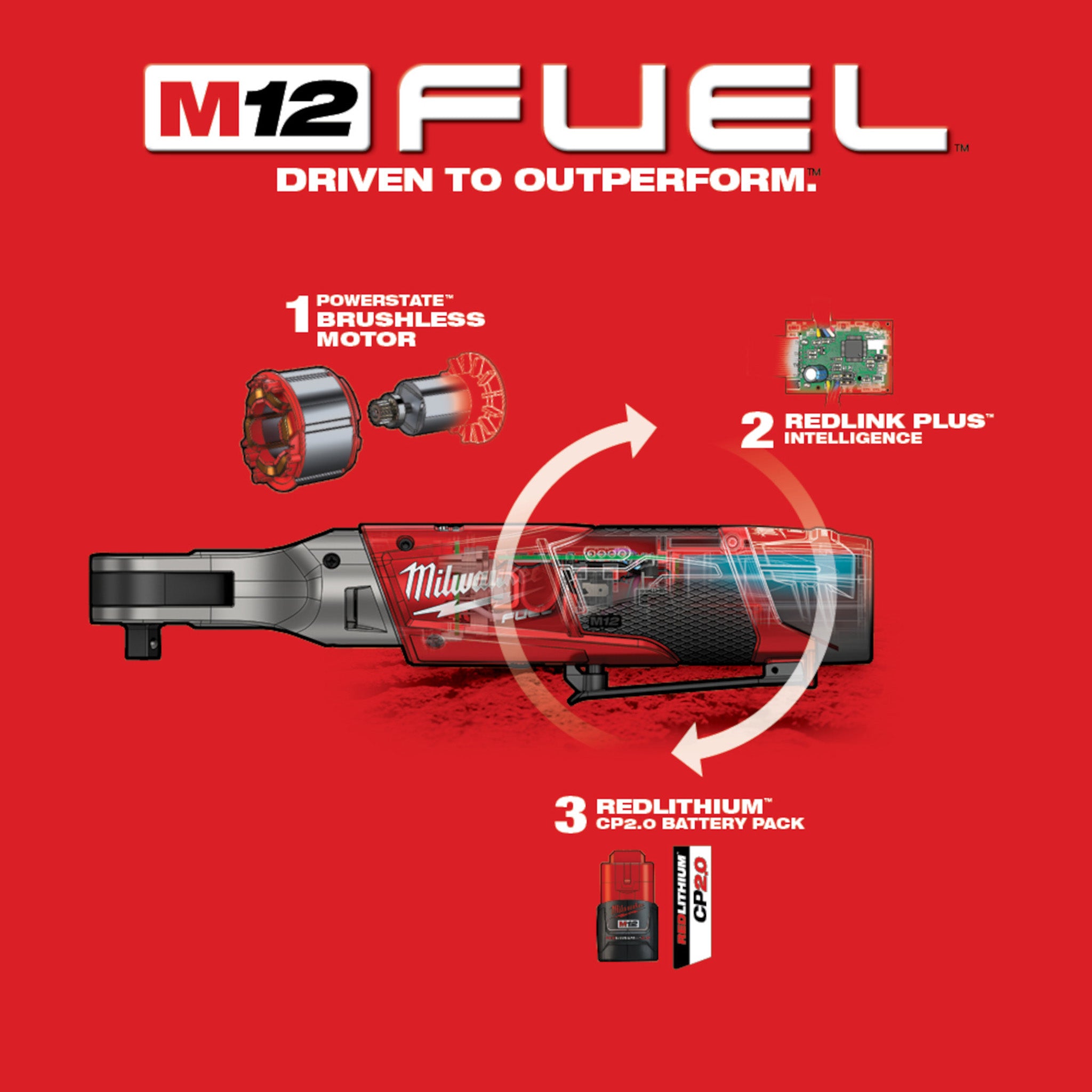Milwaukee 2557-22 - M12 FUEL 12V Lithium-Ion Brushless Cordless 3/8-Inch Ratchet Kit W/ (2) 2.0Ah Batteries & Tool Bag