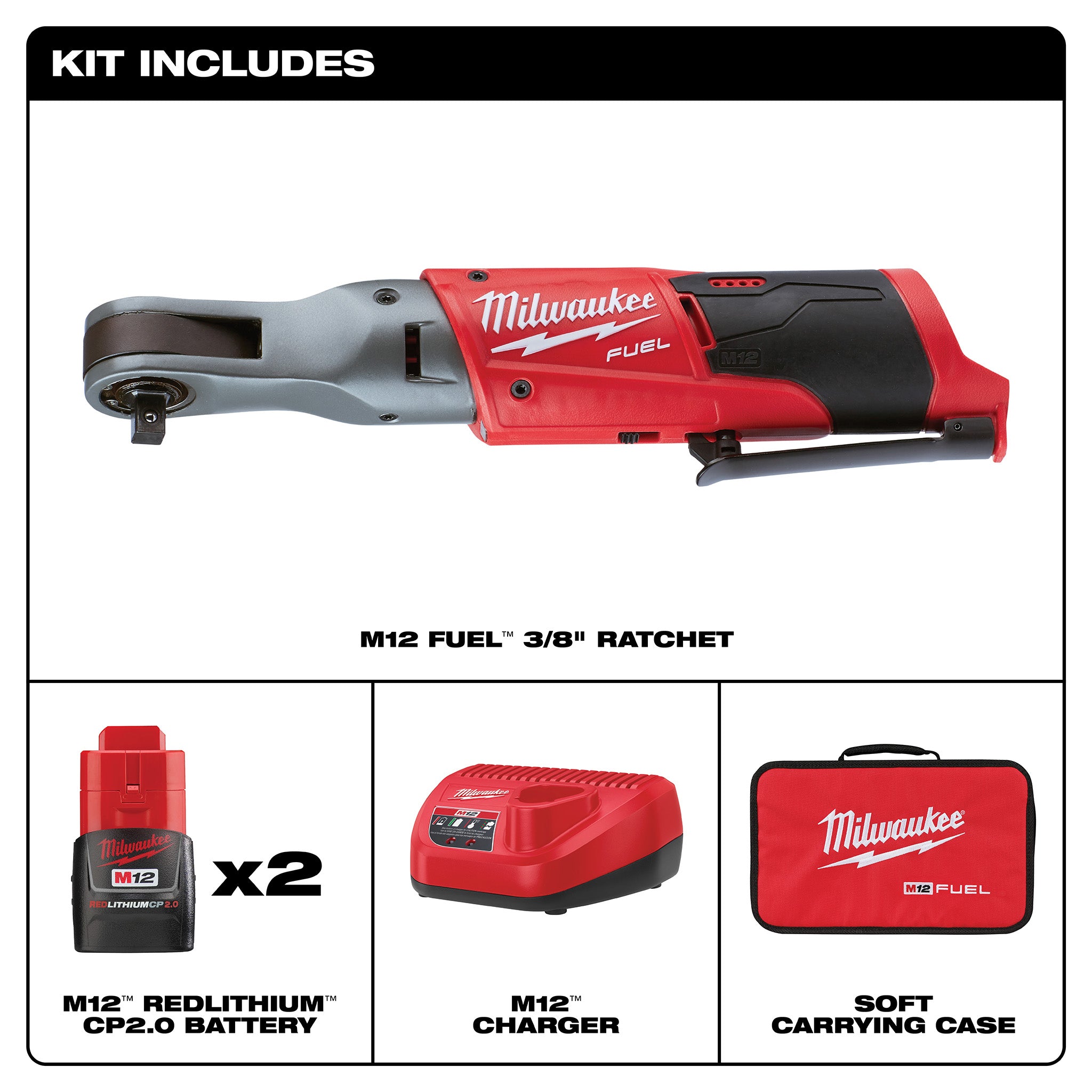 Milwaukee 2557-22 - M12 FUEL 12V Lithium-Ion Brushless Cordless 3/8-Inch Ratchet Kit W/ (2) 2.0Ah Batteries & Tool Bag