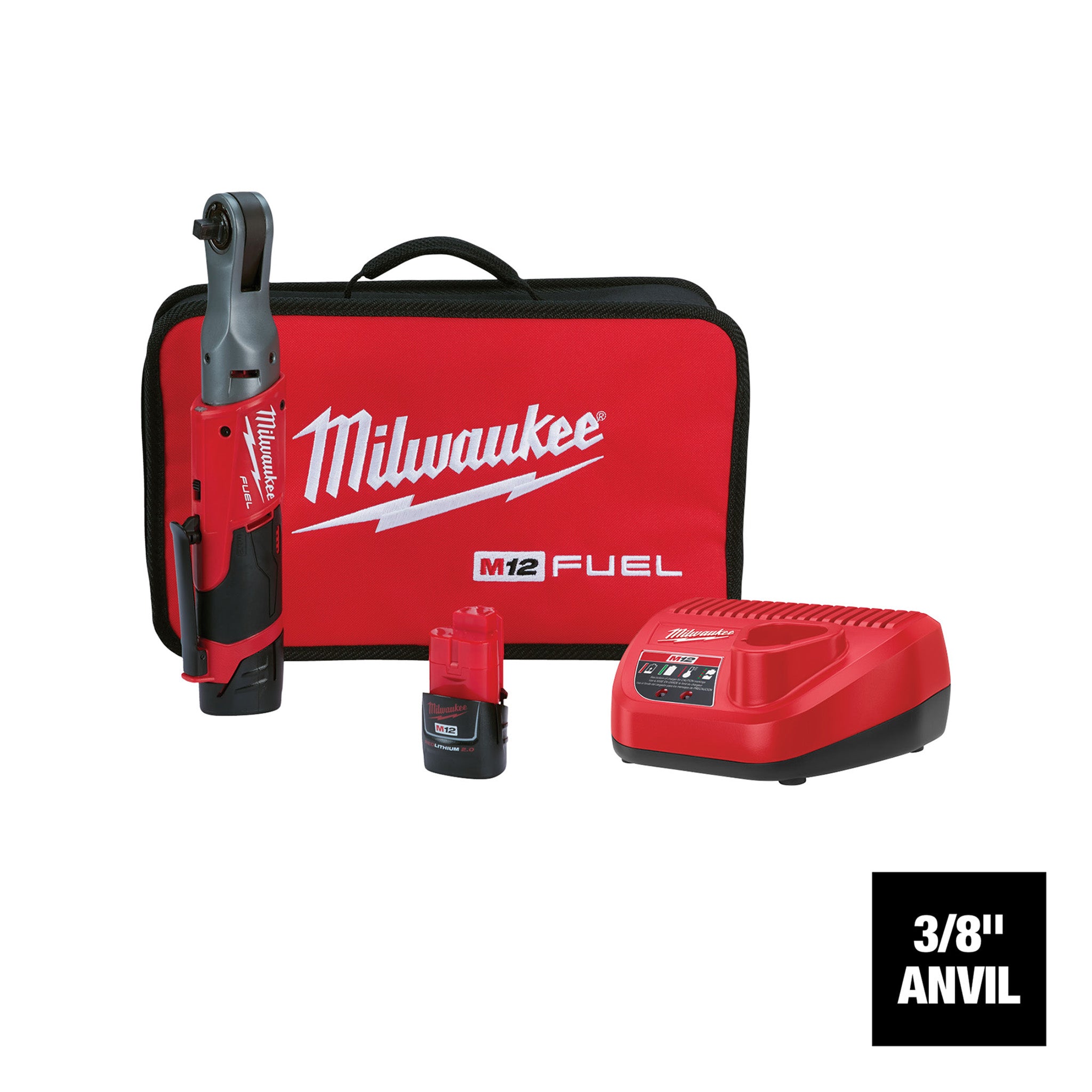 Milwaukee 2557-22 - M12 FUEL 12V Lithium-Ion Brushless Cordless 3/8-Inch Ratchet Kit W/ (2) 2.0Ah Batteries & Tool Bag