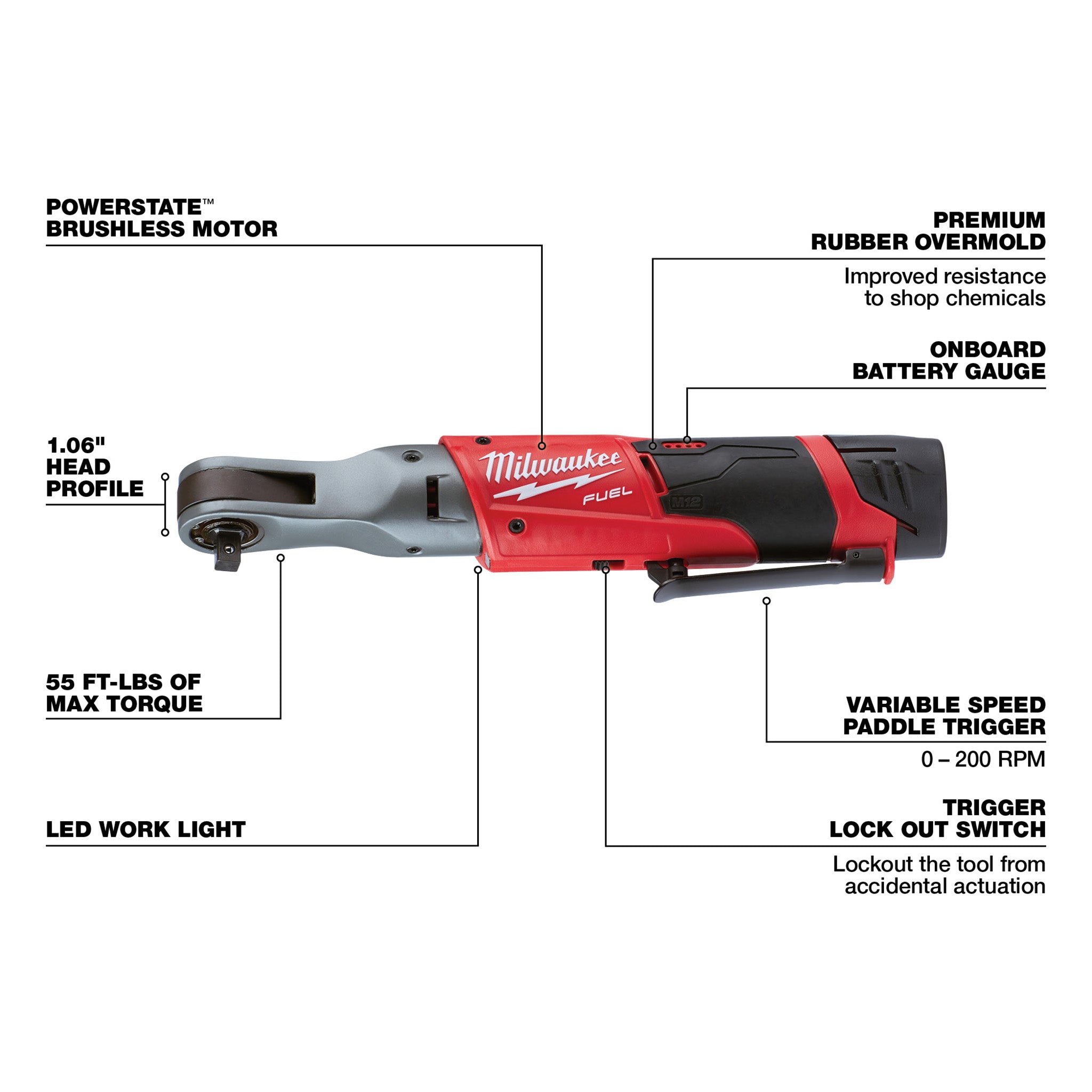 Milwaukee 2557-22 - M12 FUEL 12V Lithium-Ion Brushless Cordless 3/8-Inch Ratchet Kit W/ (2) 2.0Ah Batteries & Tool Bag