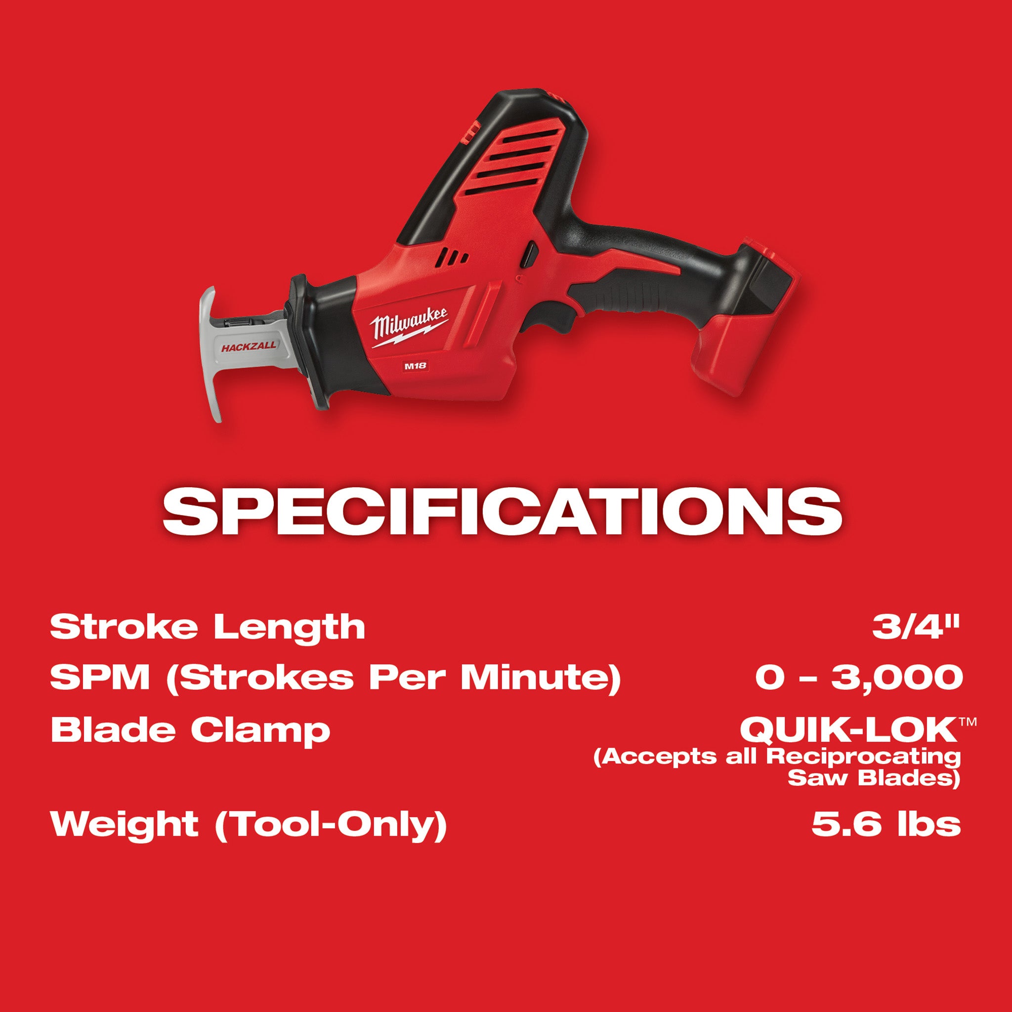 Milwaukee 2625-20 - M18 HACKZALL Reciprocating Saw (Tool Only)