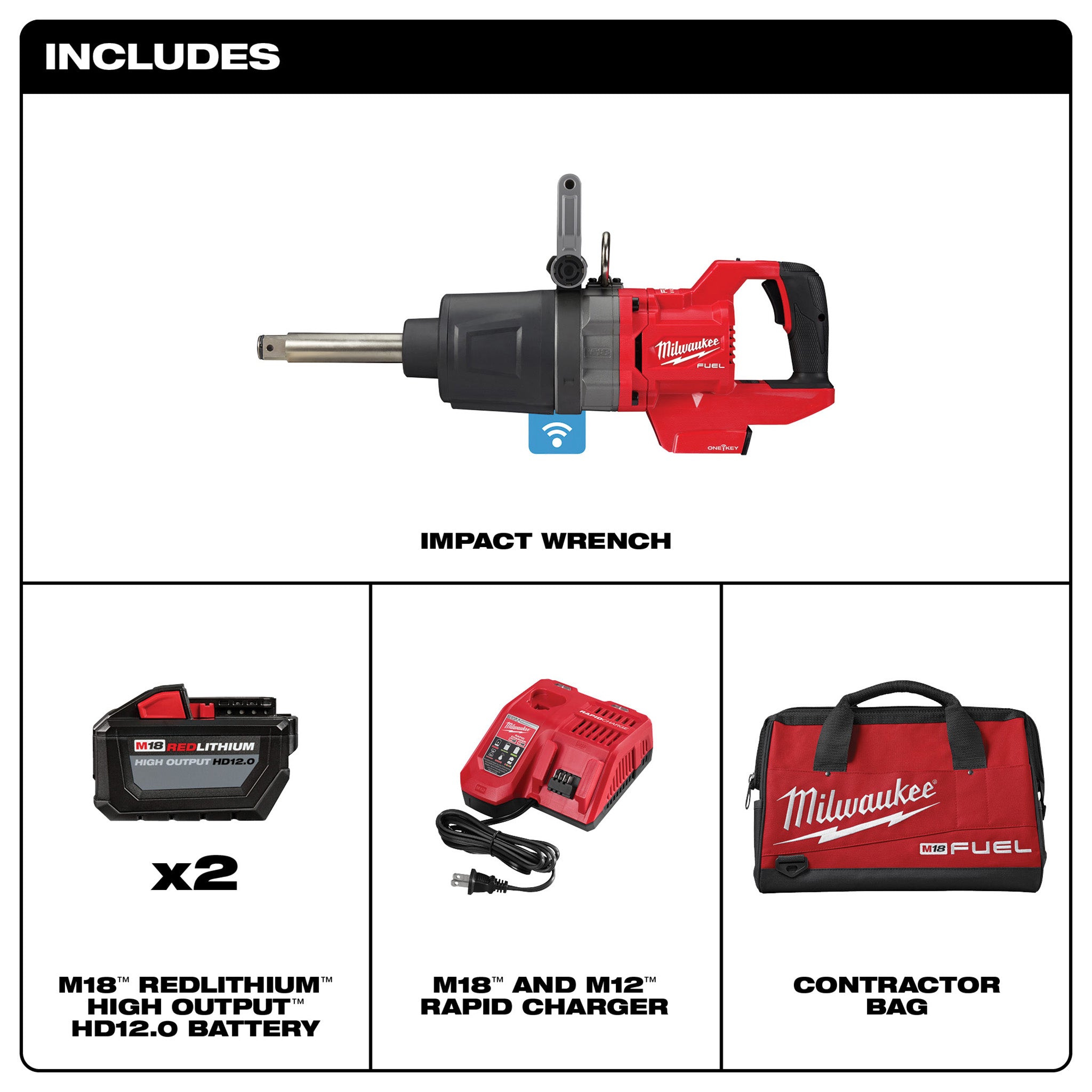 Milwaukee 2869-22HD - M18 FUEL 18V Li-Ion Cordless 1 in. Impact Wrench Extended Reach D-Handle Kit w/(2) 12.0 Ah Batteries
