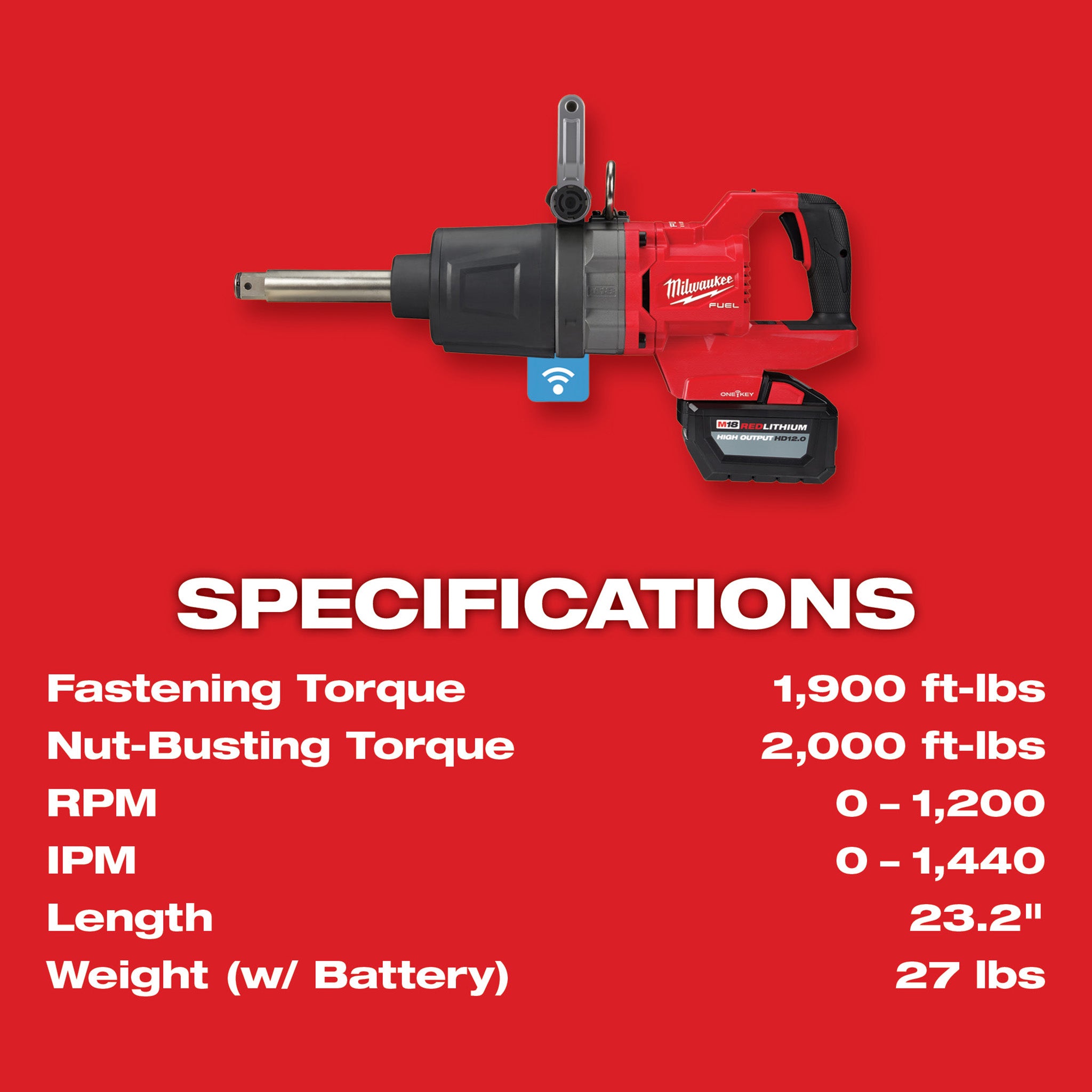 Milwaukee 2869-22HD - M18 FUEL 18V Li-Ion Cordless 1 in. Impact Wrench Extended Reach D-Handle Kit w/(2) 12.0 Ah Batteries