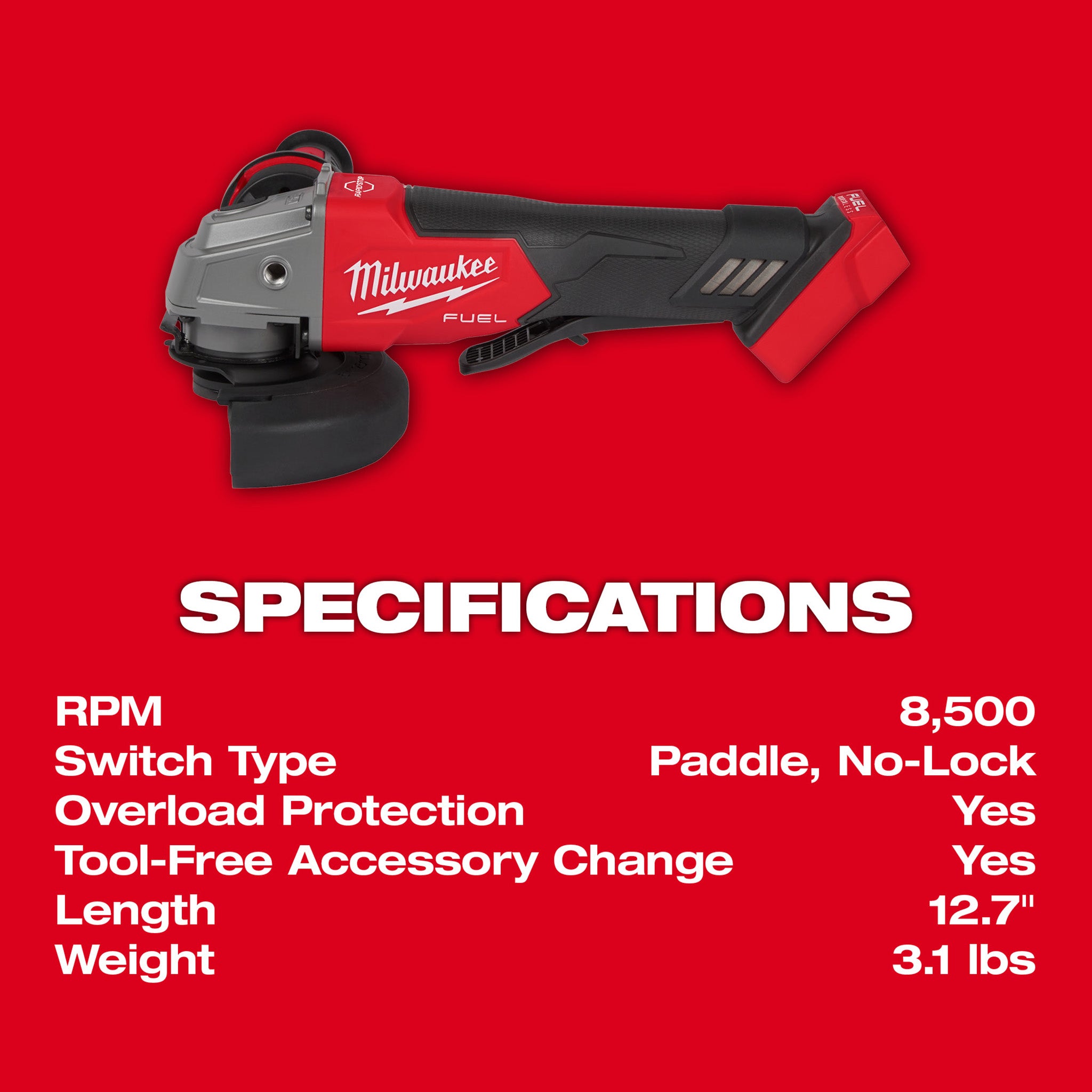 Milwaukee 2880-20 - Meuleuse sans fil 18 V au lithium-ion sans balais M18 FUEL de 4-1/2 - 5 po avec interrupteur à palette (outil seul)