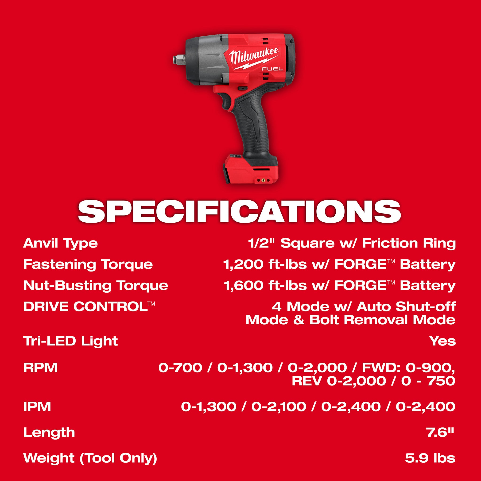 Milwaukee 2967-20 - M18 FUEL 1/2" High Torque Impact Wrench w/ Friction Ring (Tool Only)