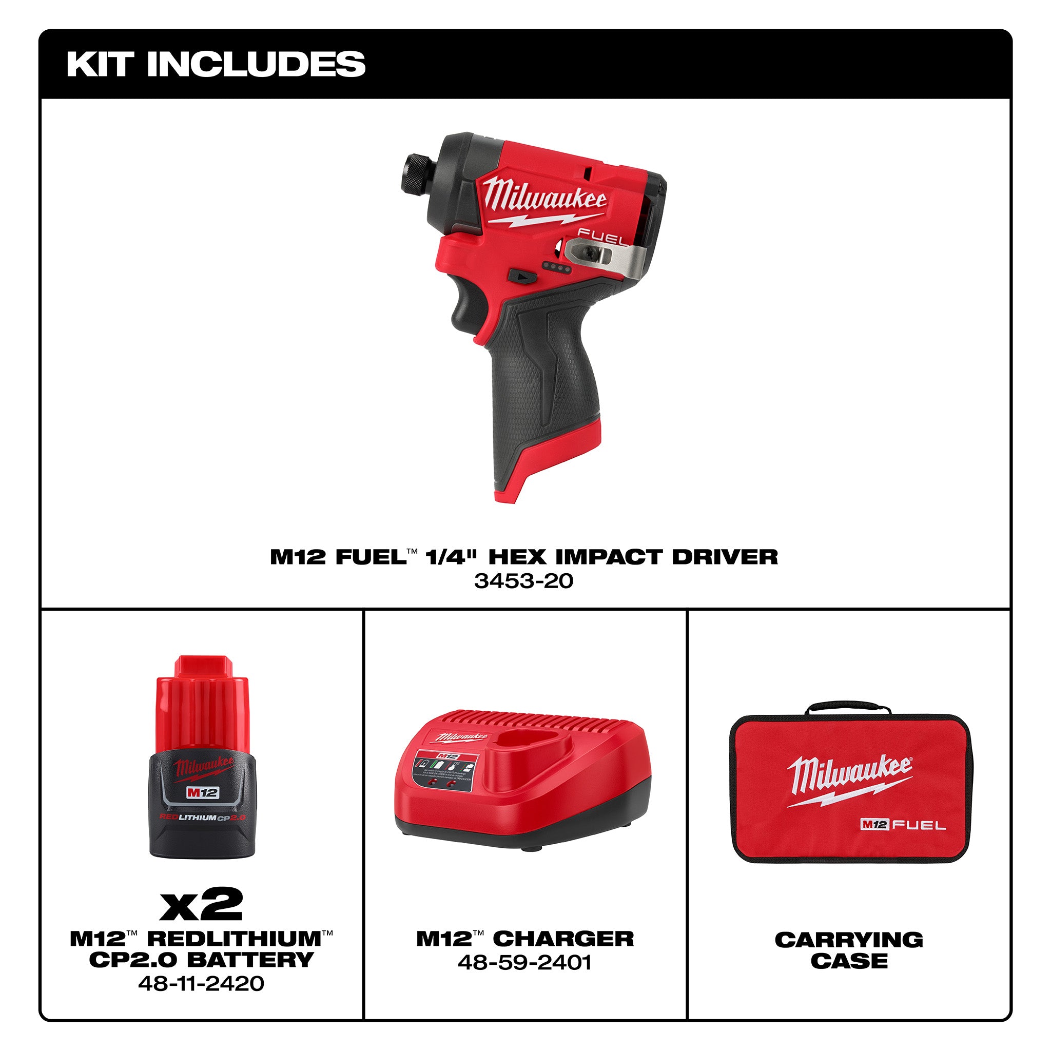 Milwaukee 3453-22 - M12 FUEL 12V Li-Ion Brushless Next Generation 1/4 in Hex Impact Driver Kit w/ (2) 2.0Ah Batteries