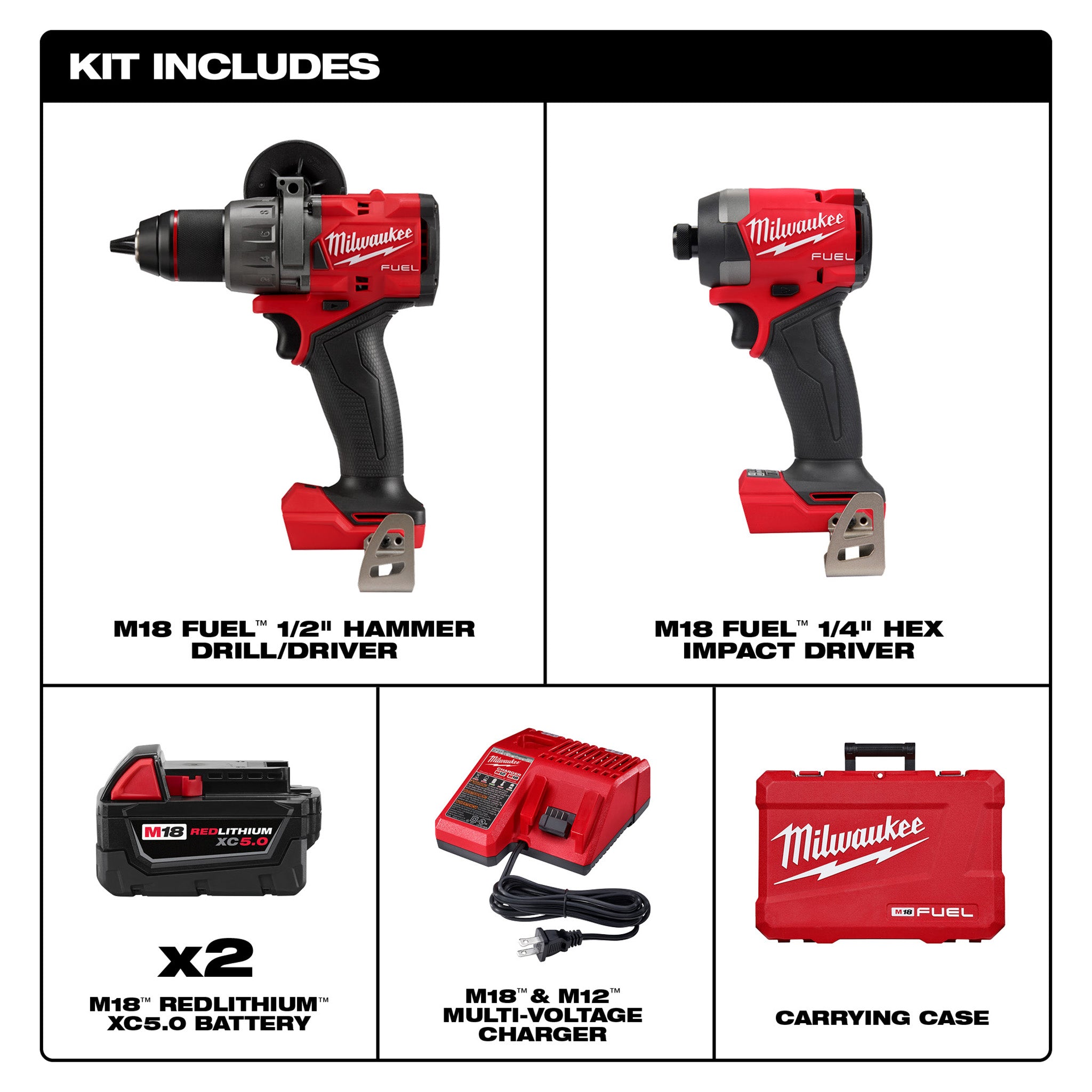 Milwaukee 3697-22 - M18 FUEL 18V Li-Ion Brushless Next Generation Hammer Drill Impact Driver Kit w/ (2) 5.0ah Battery
