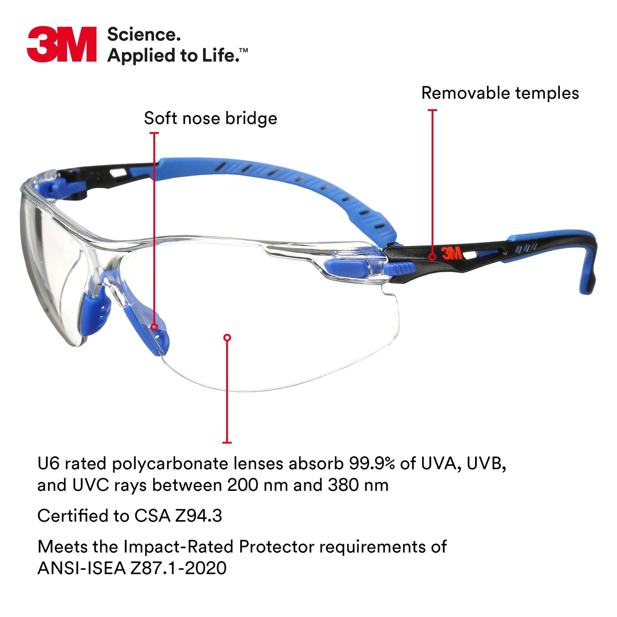 3M Solus S1101SGAF - Safety Glasses, Clear Anti-Fog Lens, Blue/Black Frame