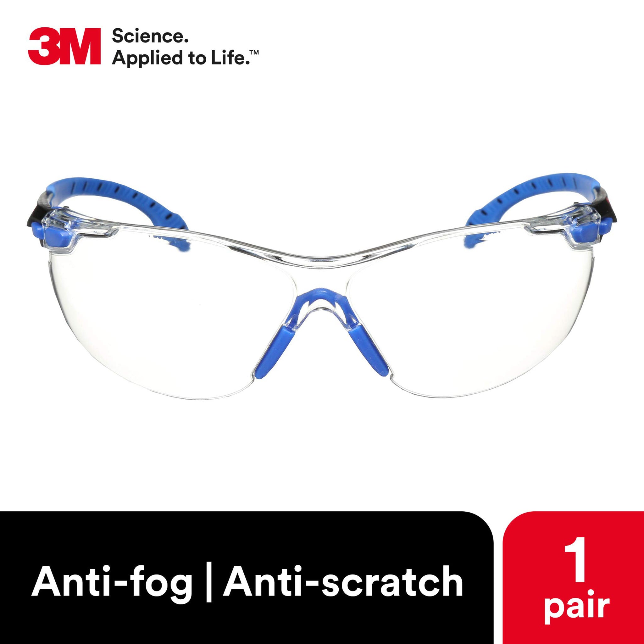 3M Solus S1101SGAF - Safety Glasses, Clear Anti-Fog Lens, Blue/Black Frame