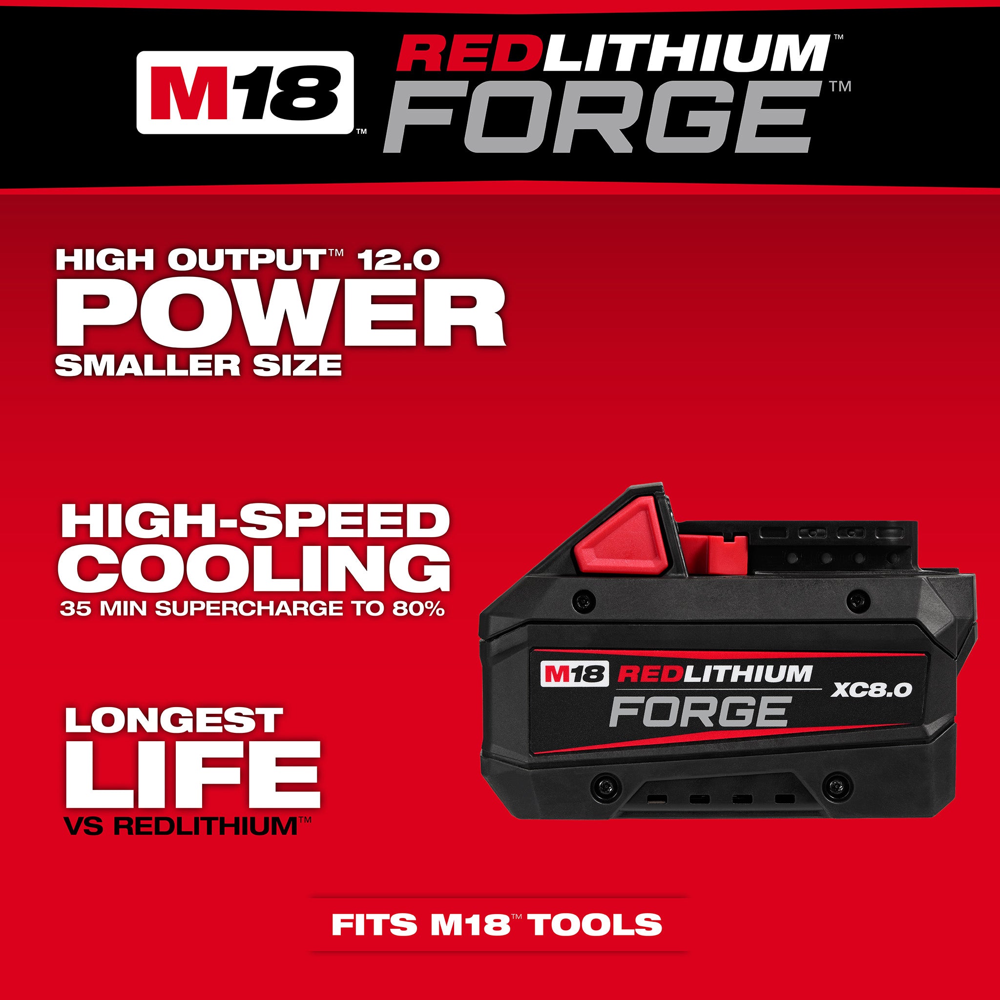 Milwaukee 48-11-1881 - 18V M18 Lithium-Ion Extended Capacity (XC) 8.0 Ah REDLITHIUM FORGE Battery