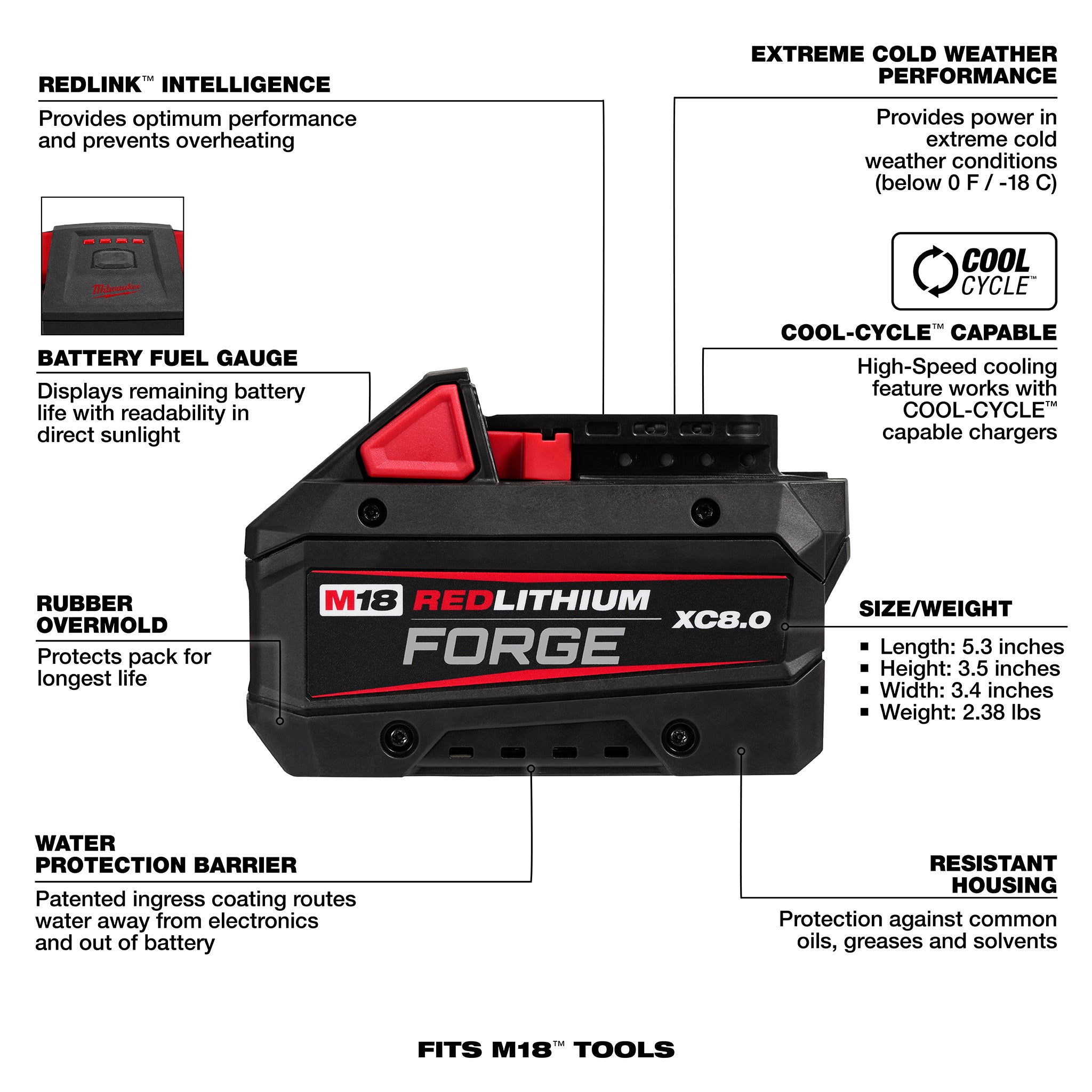 Milwaukee 48-11-1881 - 18V M18 Lithium-Ion Extended Capacity (XC) 8.0 Ah REDLITHIUM FORGE Battery