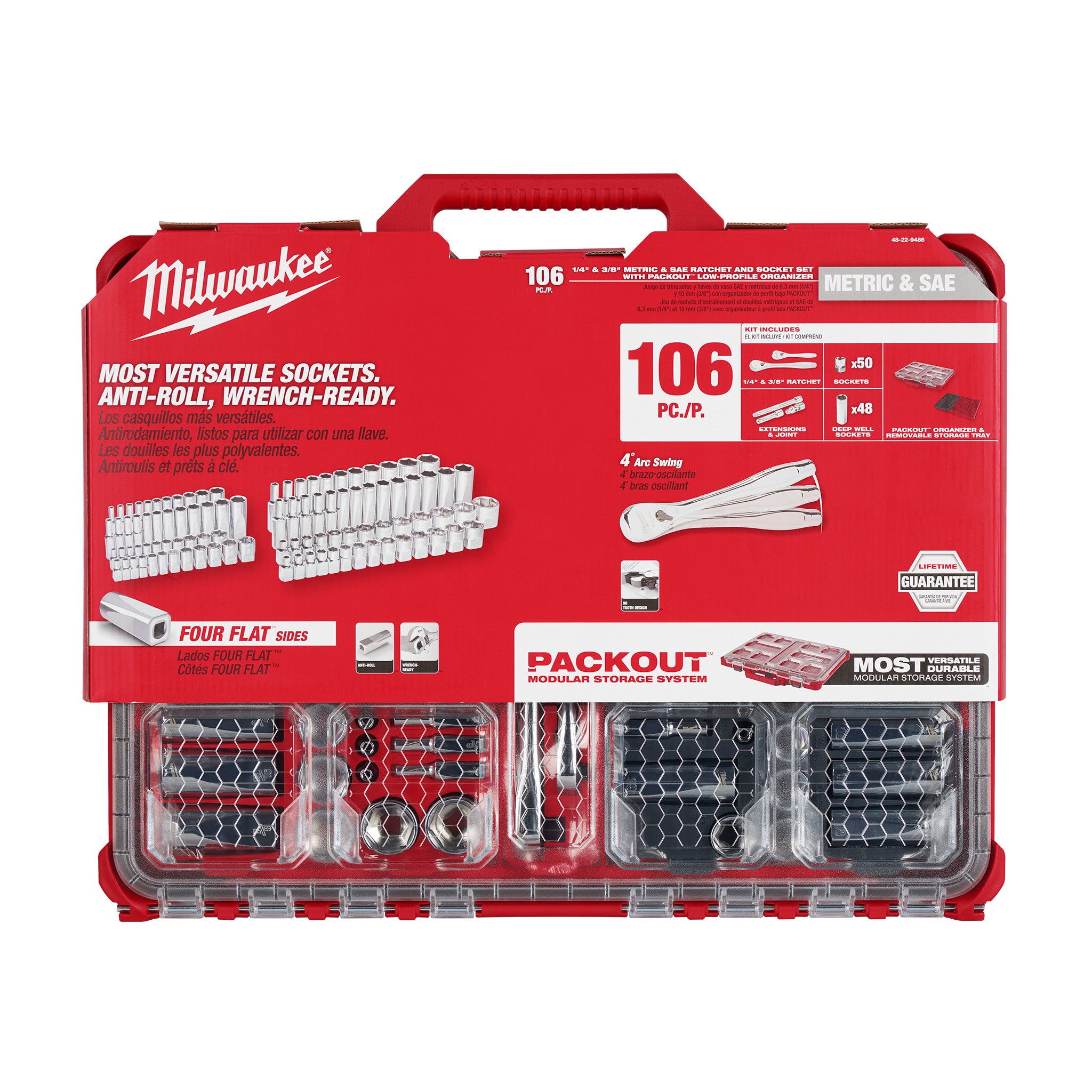 Milwaukee 48-22-9486 - PACKOUT 106-Pc 1/4" & 3/8" Ratchet/Socket Set (SAE/Metric)