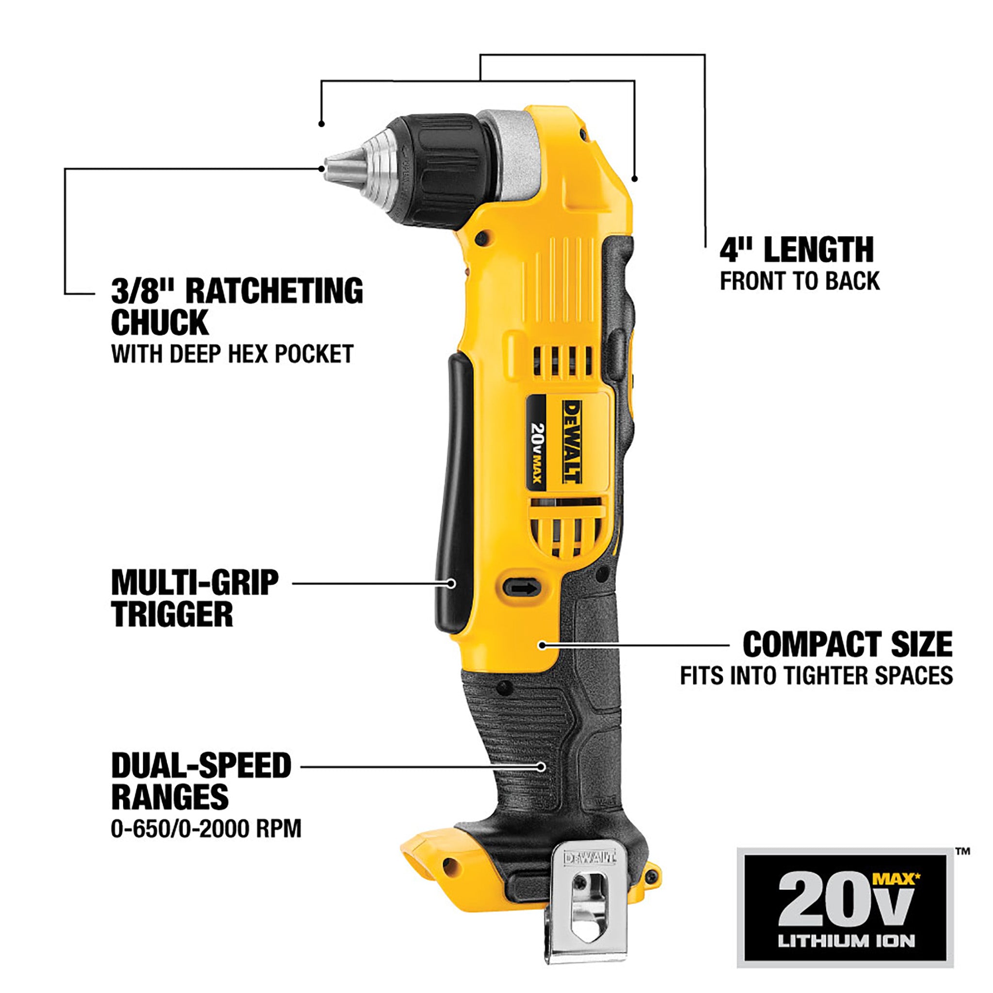 DEWALT DCD740B - Perceuse/visseuse d'angle sans fil au lithium-ion 20 V MAX de 3/8 po (outil seulement)