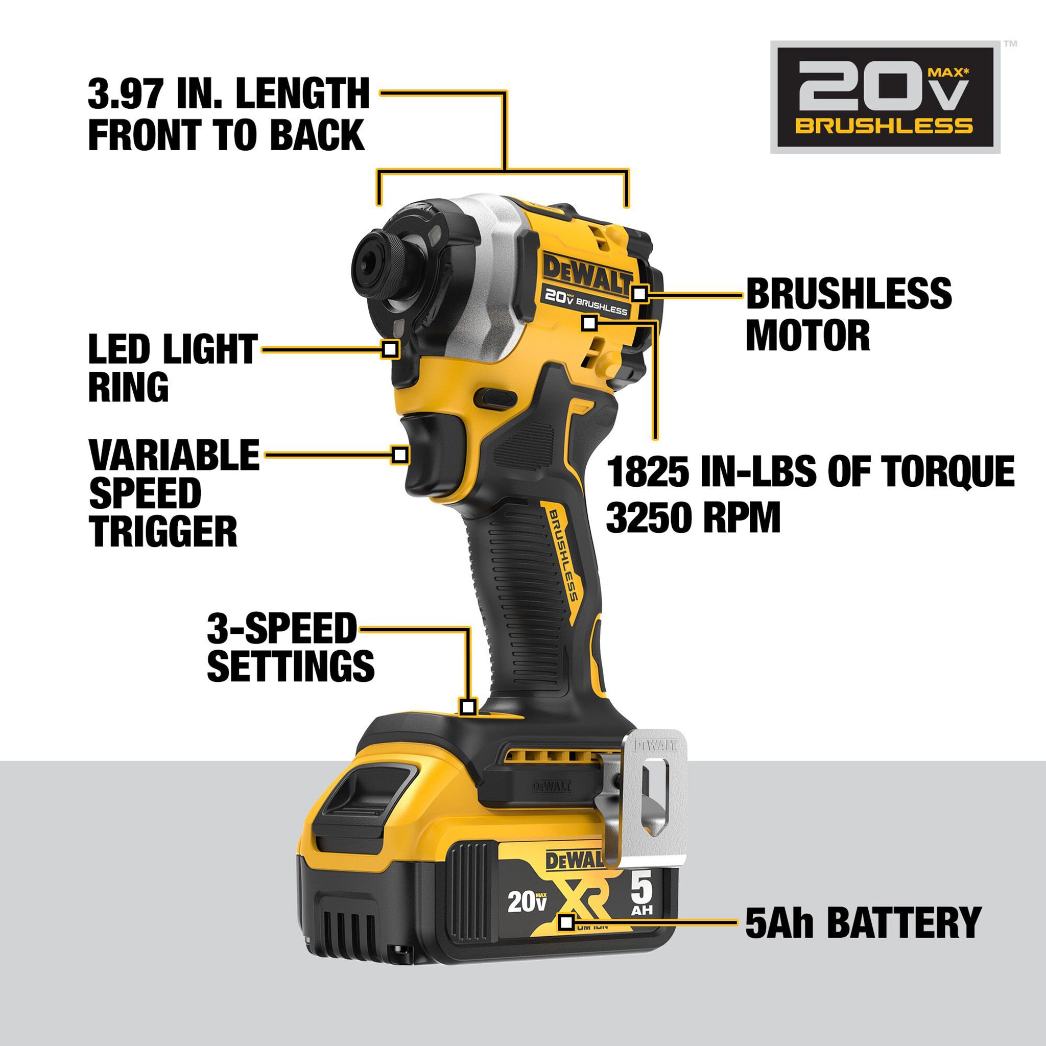 DEWALT Atomic DCF850P1 - 20V MAX Atomic Impact Driver Kit (5Ah Battery & Charger)