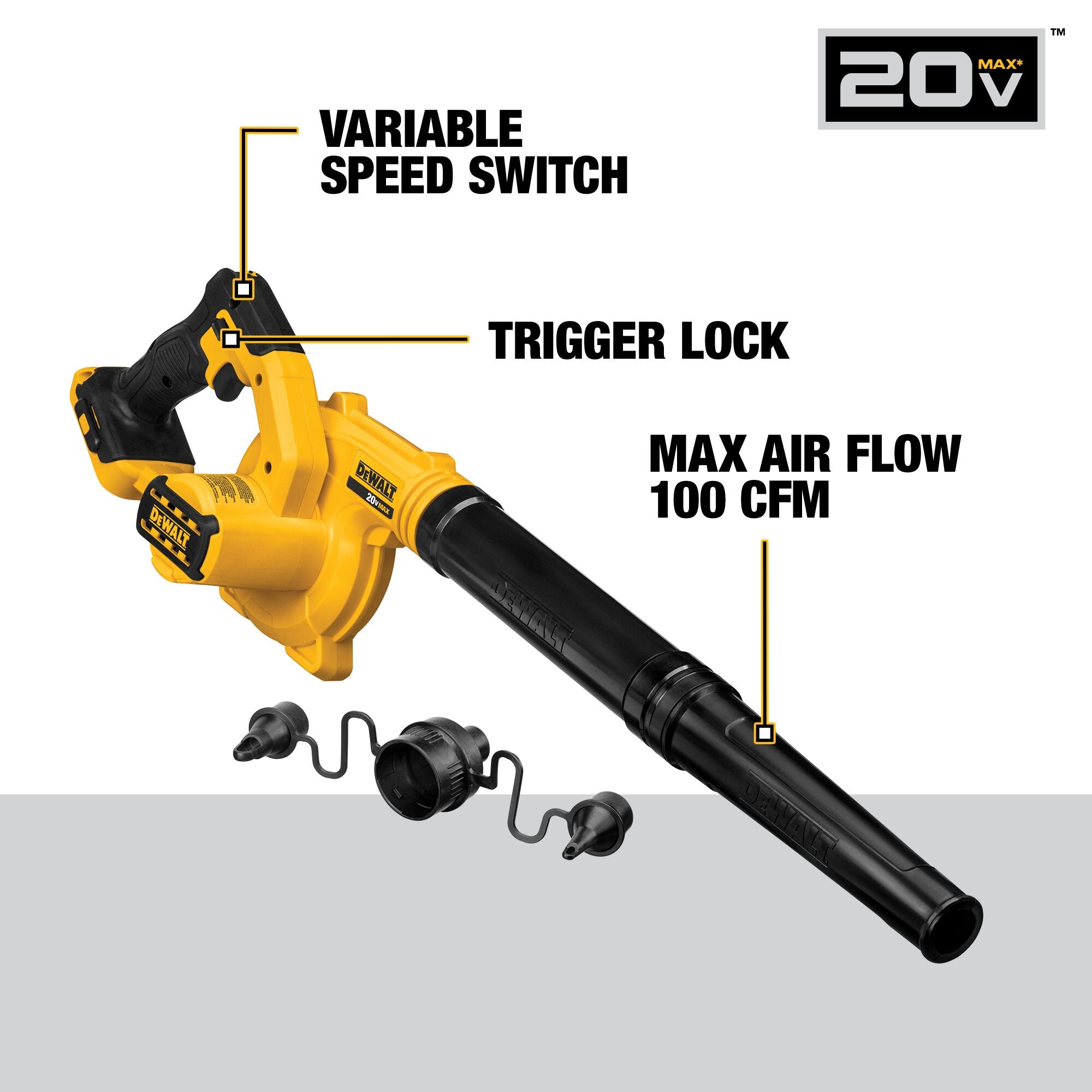 DEWALT DCE100B - 20V MAX Lithium-Ion Cordless 3-Speed Compact Jobsite Blower (Tool-Only)