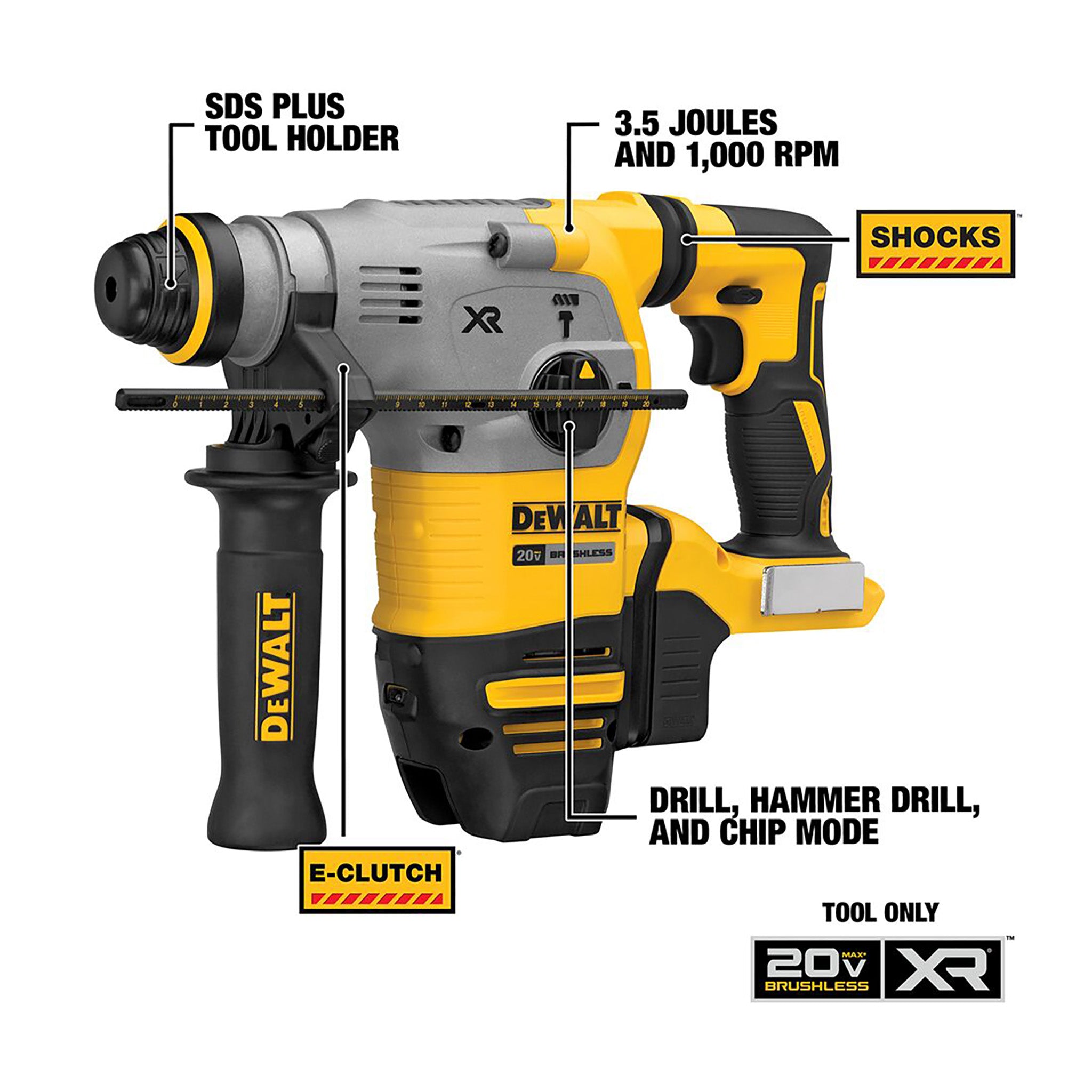 DEWALT DCH293B - 20V MAX XR Lithium-Ion Cordless Brushless 1-1/8-inch SDS-plus L-Shape Concrete/Masonry Rotary Hammer (Tool-Only)