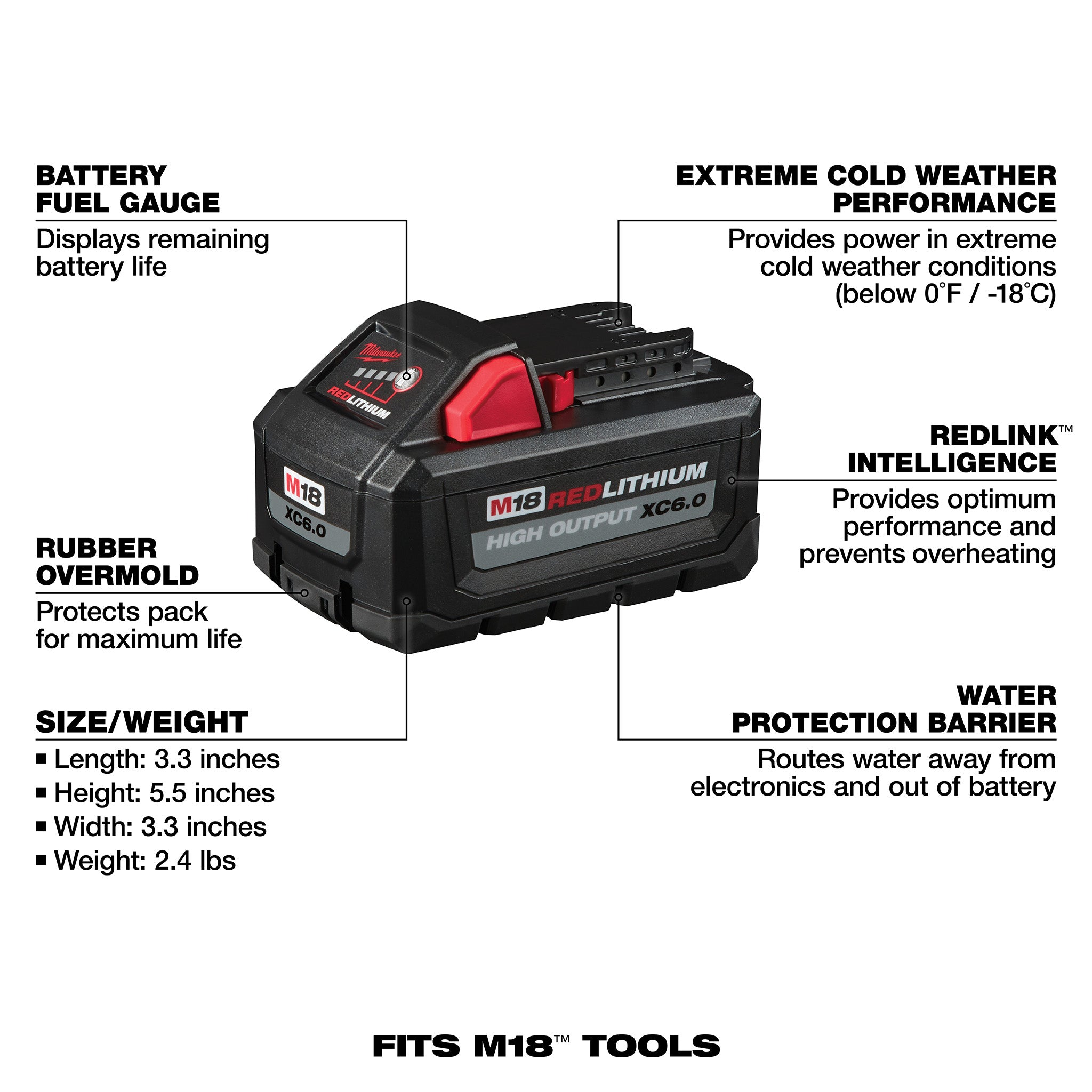 Milwaukee 48-11-1865 - 18V M18 Lithium-Ion Extended Capacity (XC) 6.0 Ah REDLITHIUM HIGH OUTPUT Battery