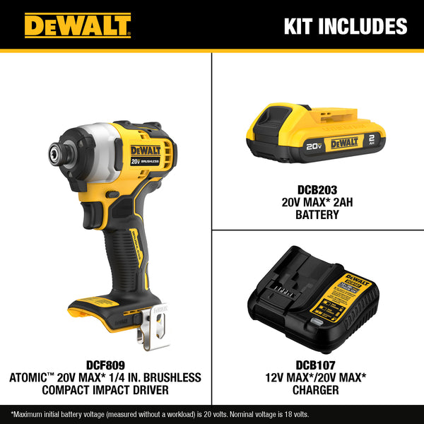 DEWALT DCF809D1 - 20V MAX ATOMIC Lithium-Ion Brushless Cordless Compact 1/4 inch Impact Driver Kit - with 2.0Ah Battery, Charger & Bag