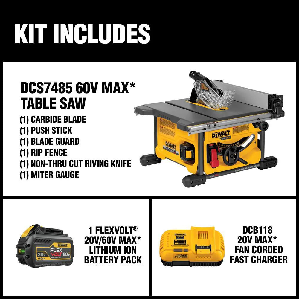 DEWALT DCS7485T1 - Scie de table sans fil sans balai au lithium-ion FLEXVOLT 60 V MAX de 8-1/4 po avec batterie 6 Ah et chargeur