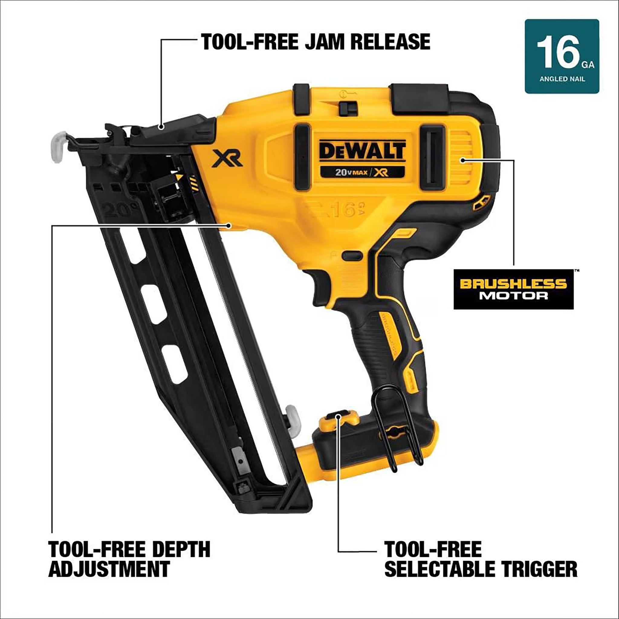 DEWALT DCN660B - 20V MAX XR Lithium-Ion Cordless Brushless 16-Gauge Angled Finish Nailer (Tool-Only)