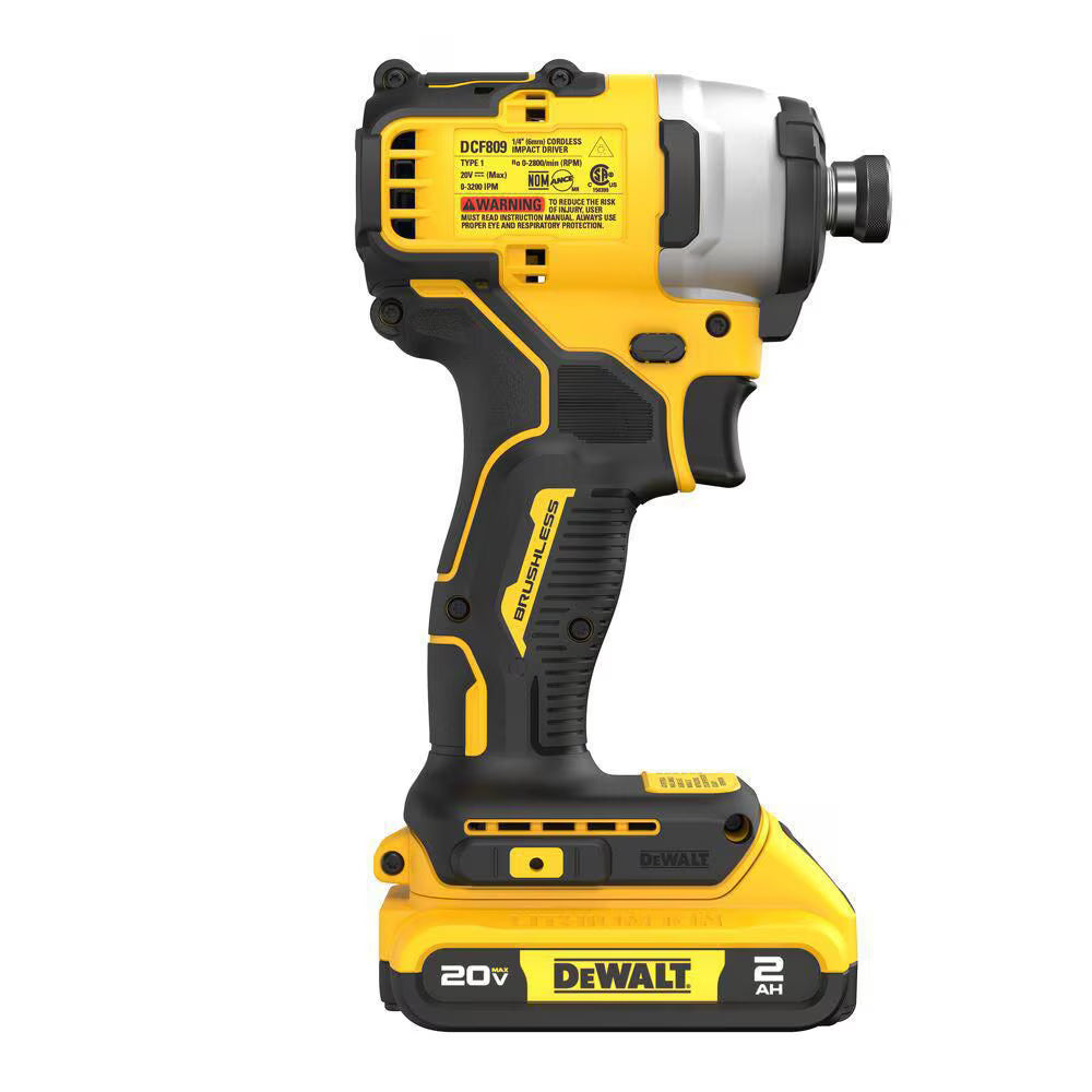 DEWALT DCF809D1 - 20V MAX ATOMIC Lithium-Ion Brushless Cordless Compact 1/4 inch Impact Driver Kit - with 2.0Ah Battery, Charger & Bag